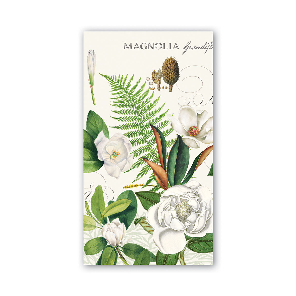 Michel Design Works Magnolia Petals hostess napkins, magnolia blossoms on green foliage