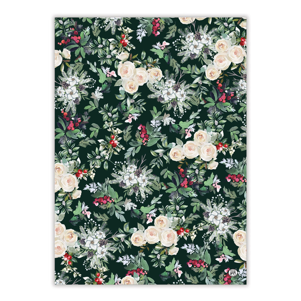 Michel Design Works Winter Garden cotton kitchen towel with winter florals and holly