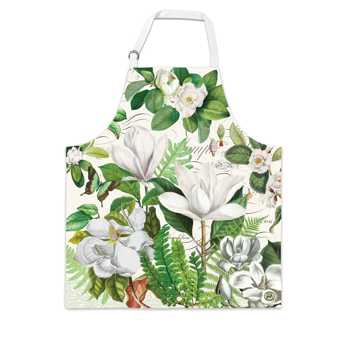 Michel Design Works Magnolia Petals cotton chef apron with magnolia blossoms on green foliage