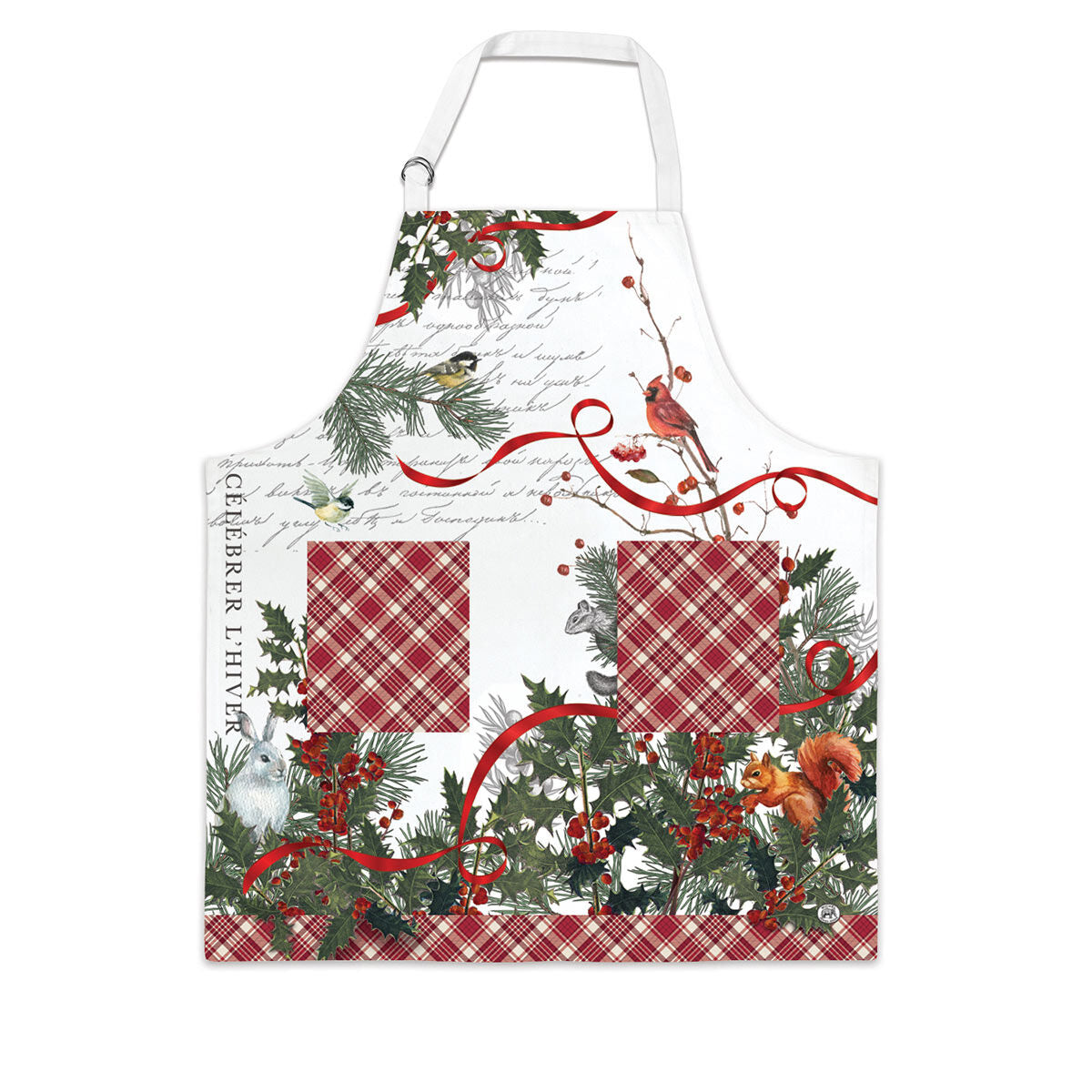 Michel Design Works Winter Woodland cotton chef apron with woodland animals and evergreens