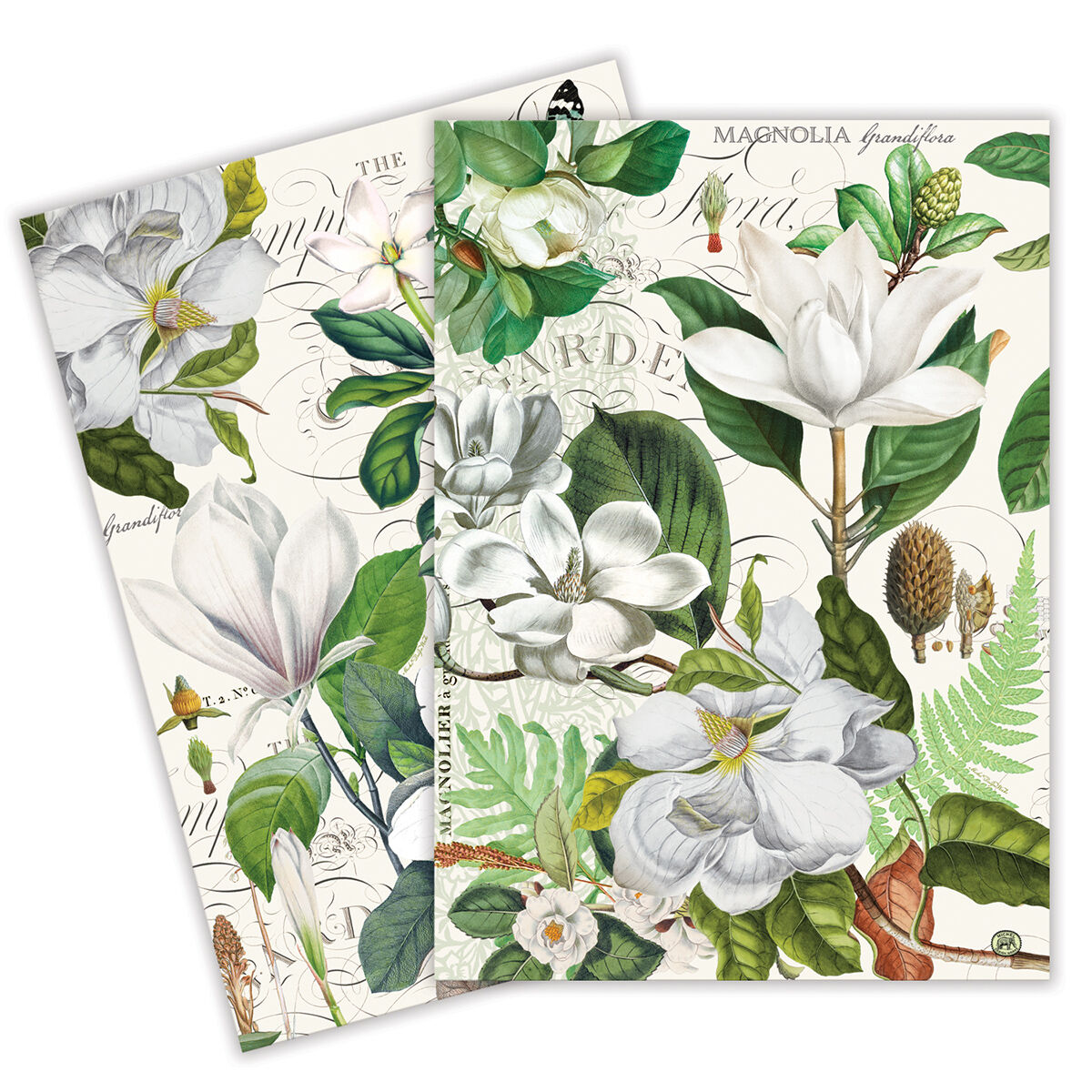 Michel Design Works Magnolia Petals cotton kitchen towels, set of two, magnolia on green