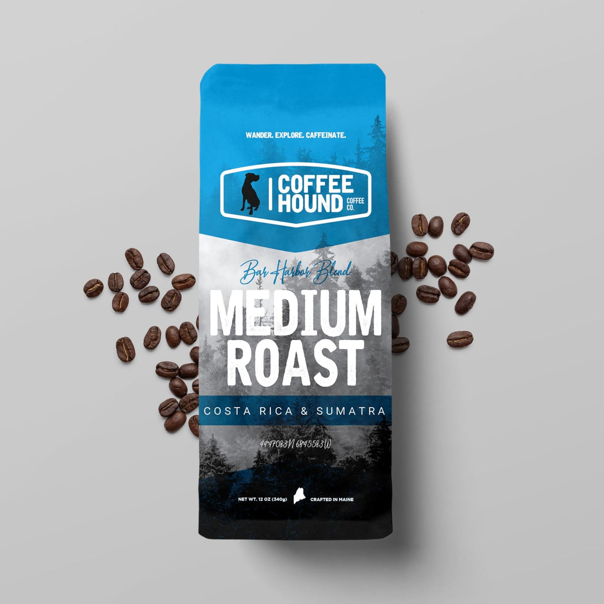 Coffee Hound 12 oz Ground Coffee - 44N 68W Bar Harbor - Medium Roast