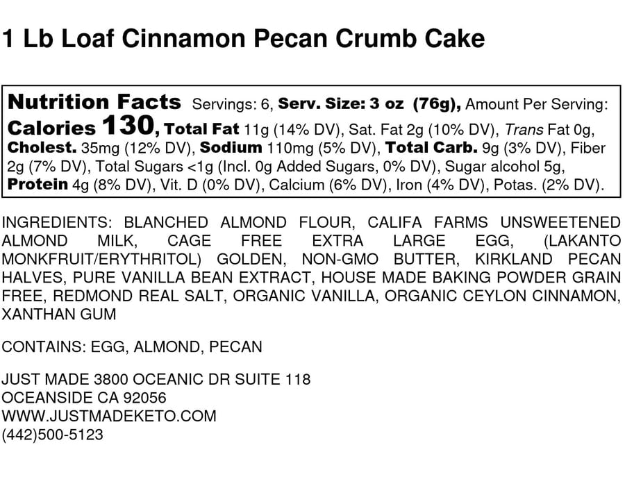Sugar-Free, GF Keto 1 lb Loaf Cake JMKLOAFCIN