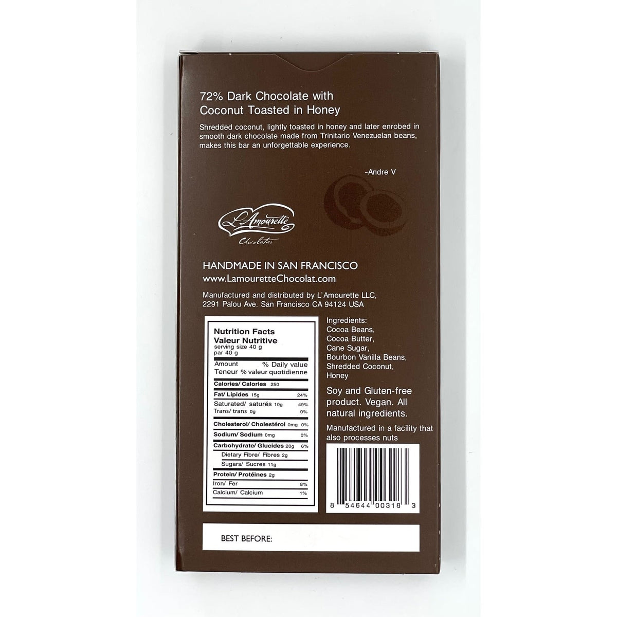 72% Dark Chocolate with Coconut Toasted in Honey 854644003183