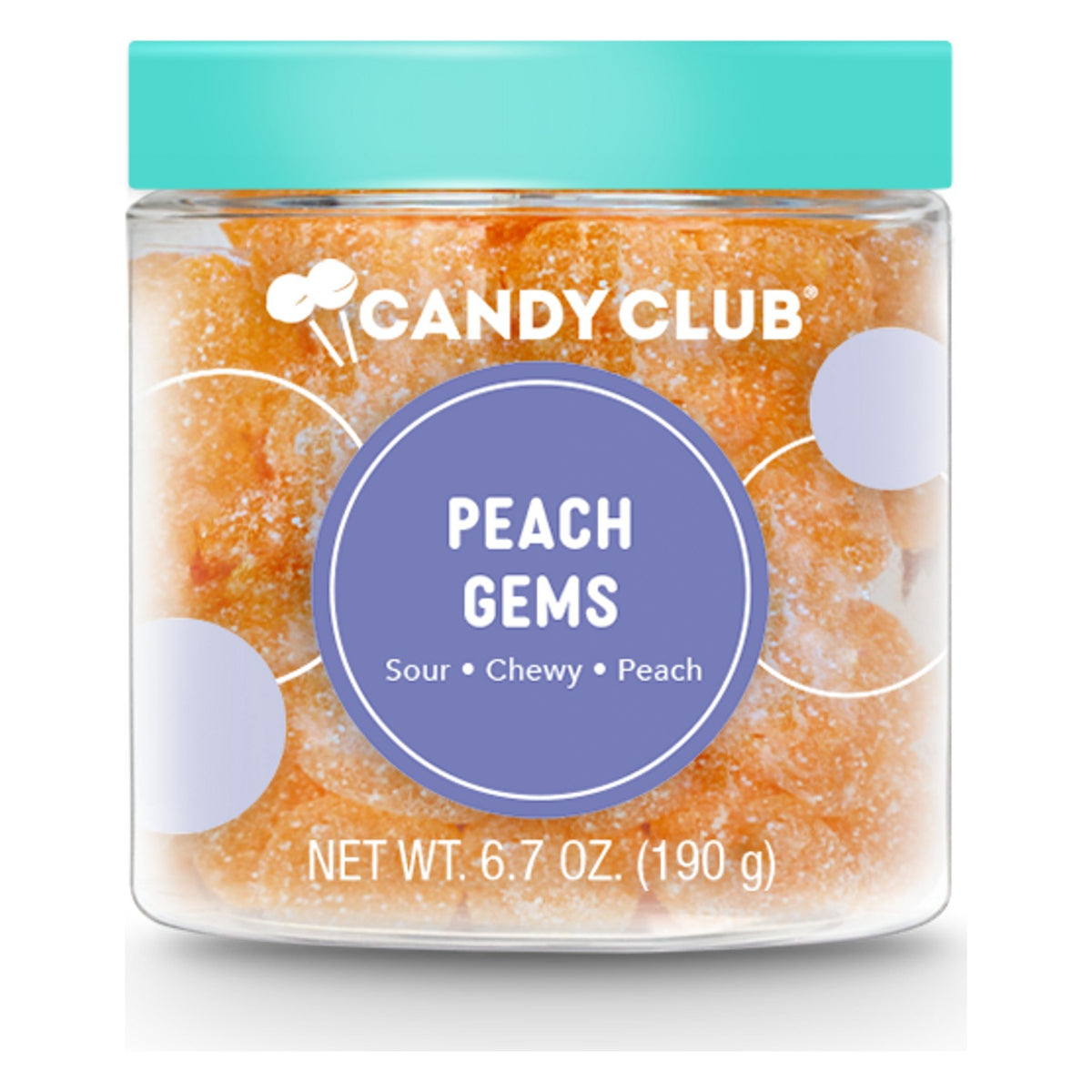 Candy Club Peach Gems 6.7 oz cup closed with a teal lid, purple label, orange sour peach gummies inside
