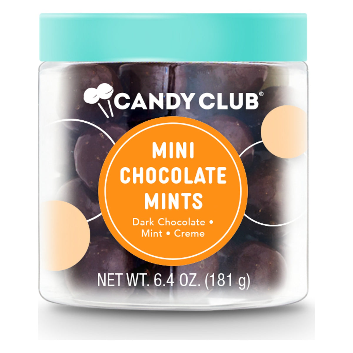 Candy Club Mini Chocolate Mints cup closed with a teal lid, orange label