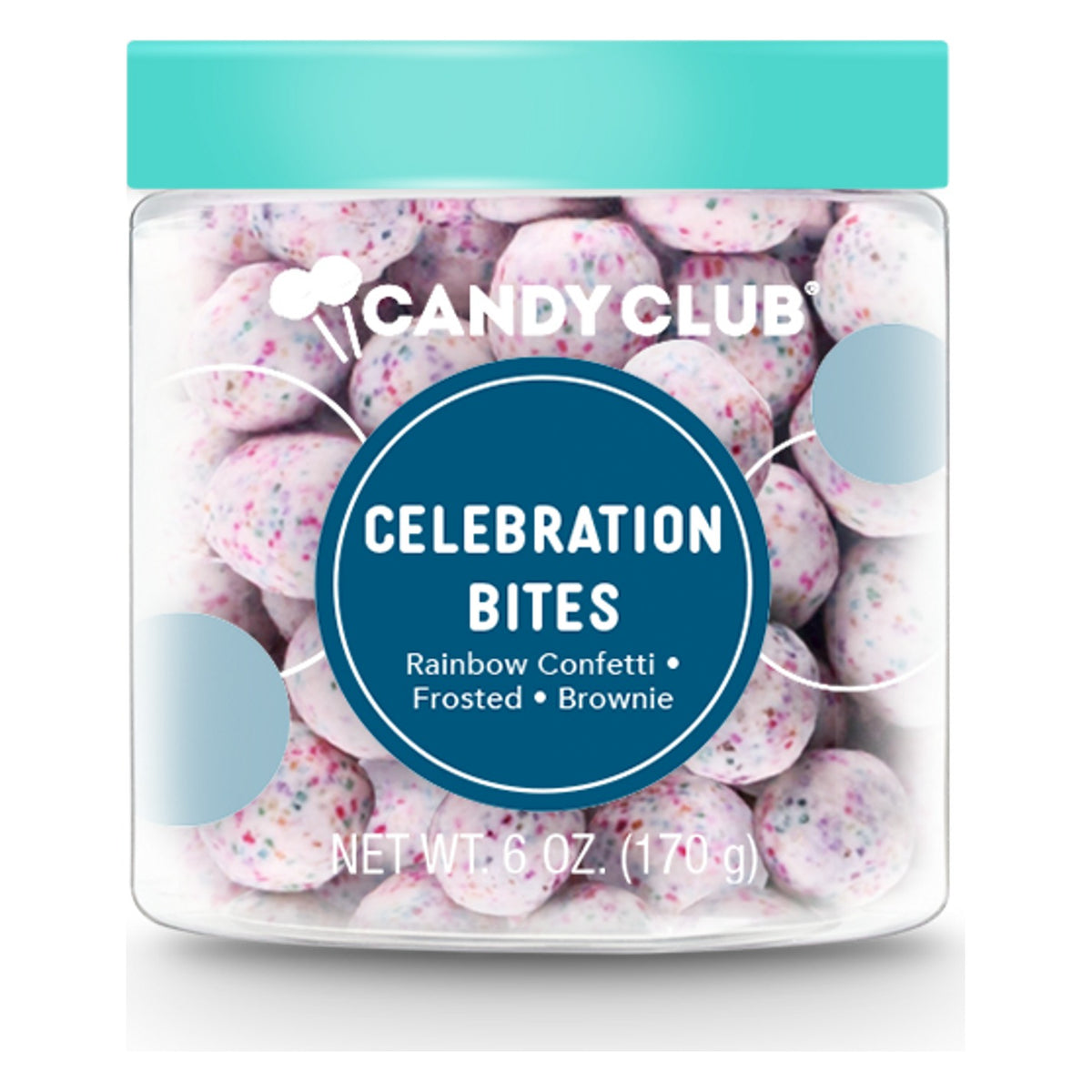 Candy Club Celebration Bites 6 oz cup closed with a teal lid, navy label