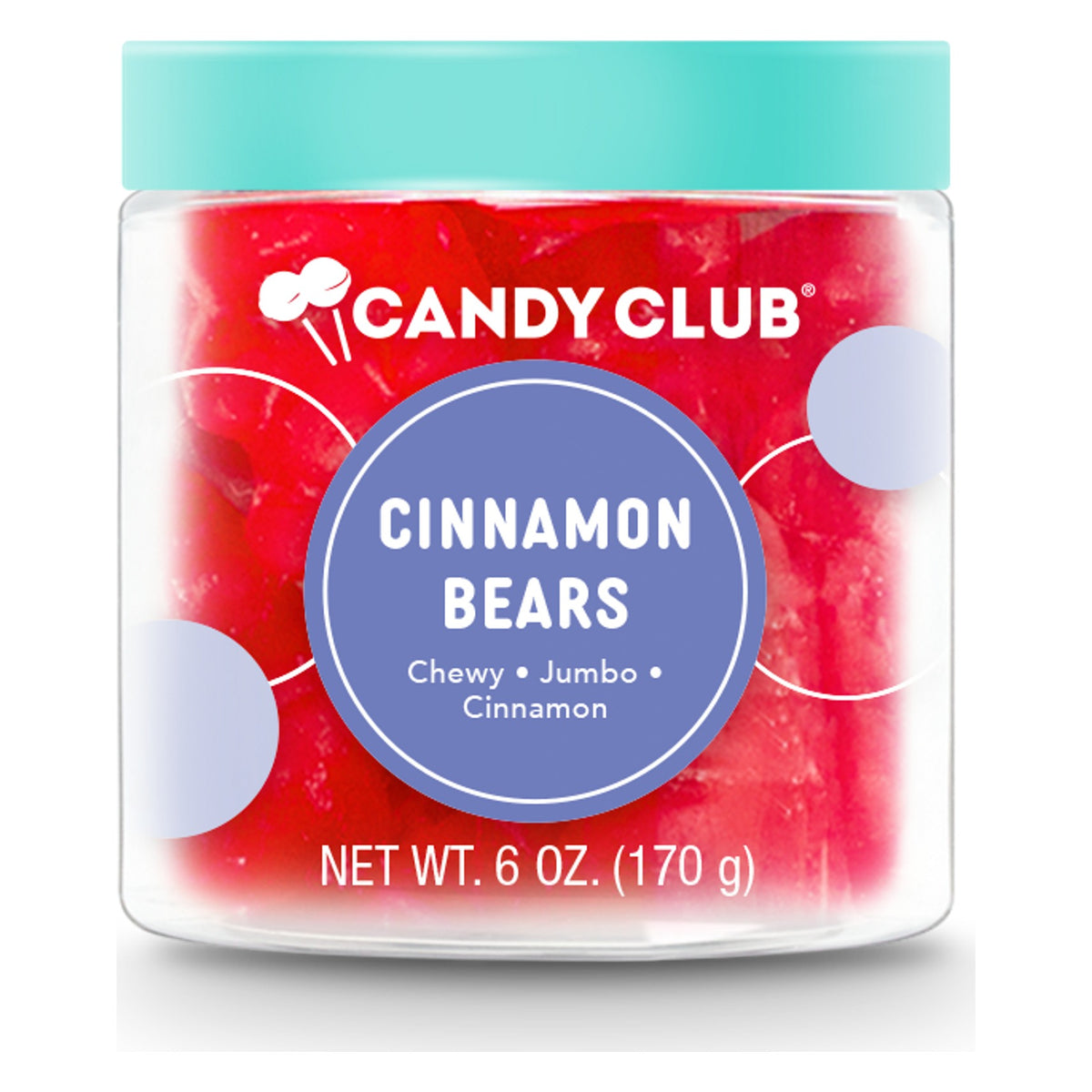 Candy Club Cinnamon Bears cup closed with a teal lid, purple label