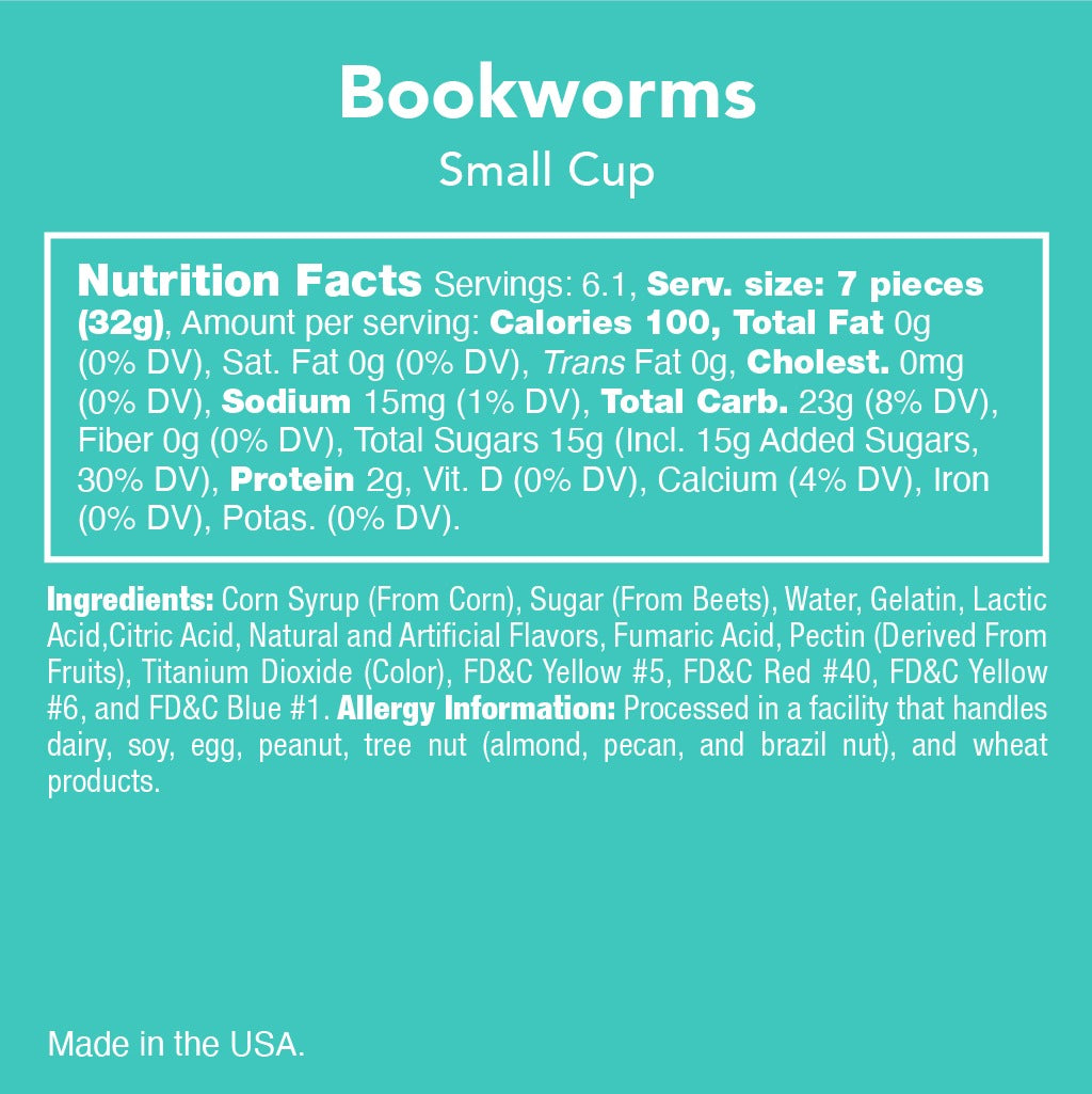 Nutrition facts, ingredients and allergy information panel for Candy Club Bookworms small cup