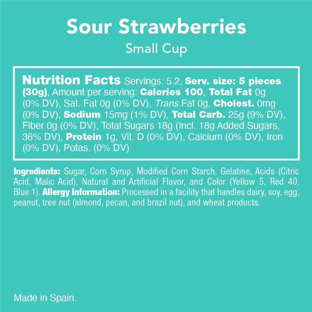 Candy Club Sour Strawberries small cup Nutrition Facts, ingredient list and allergy information panel