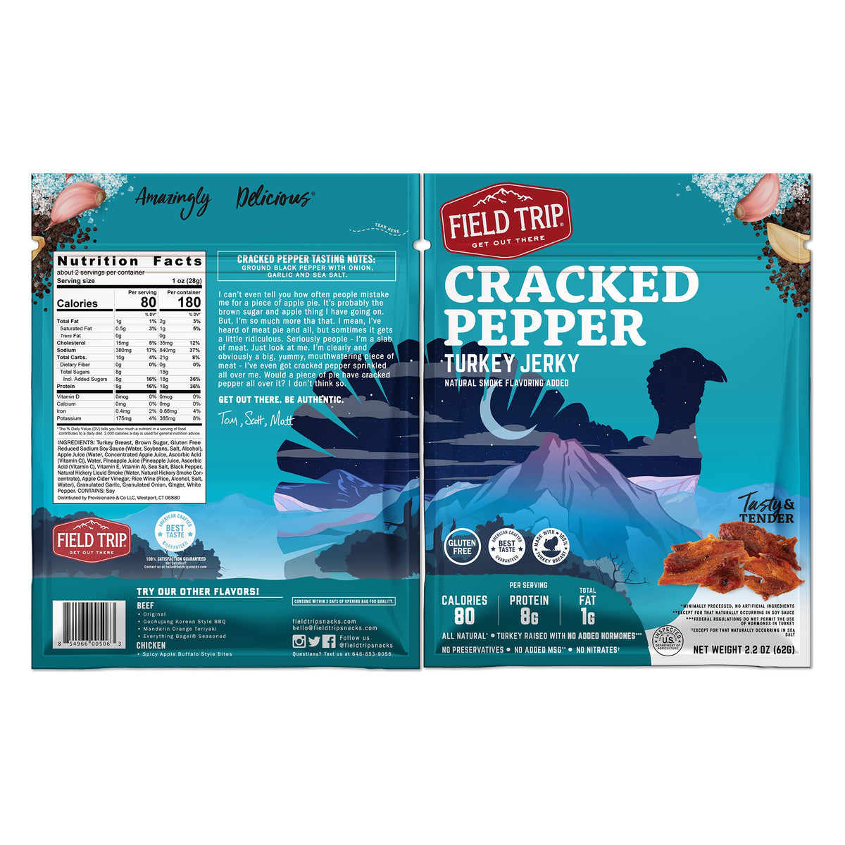 Front and back of the Field Trip Cracked Pepper Turkey Jerky 2.2 oz bag, showing nutrition facts, ingredients and tasting notes