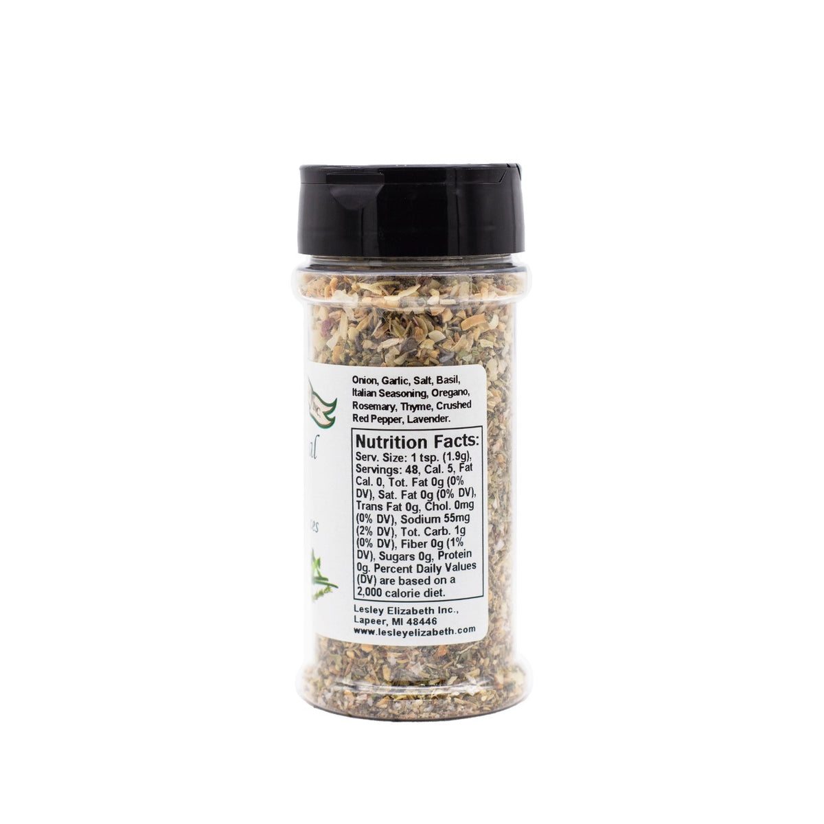 Back of a Lesley Elizabeth Traditional Italian Traveler's Spices jar (previous label design) showing the ingredient list and Nutrition Facts panel