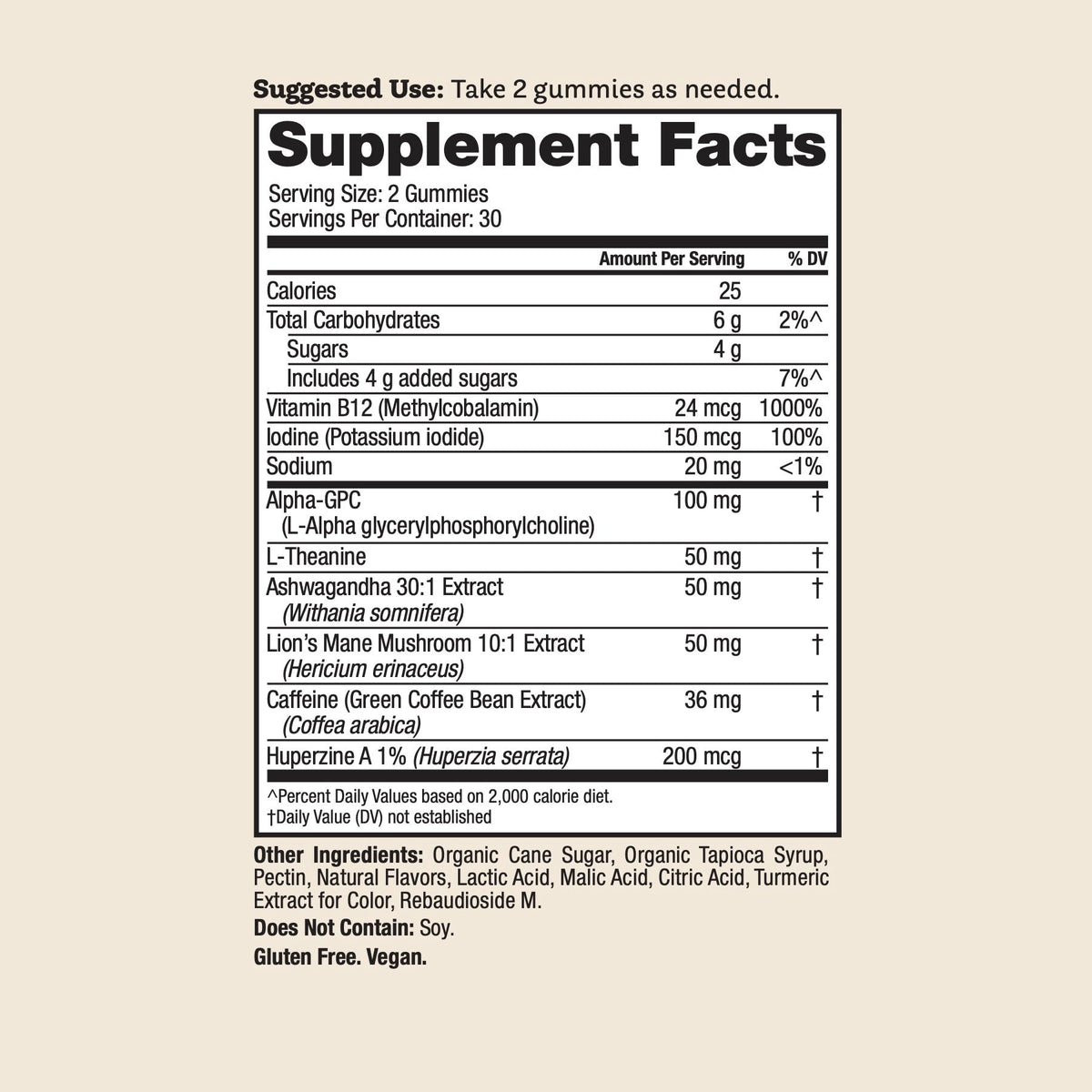 Rise Up gummies Supplement Facts panel: serving size 2 gummies, 30 servings, 36 mg caffeine, 100 mg Alpha-GPC, other ingredients and gluten free, vegan statement