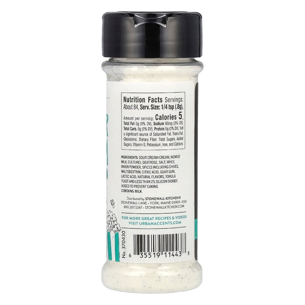 Back label of Urban Accents Zesty Sour Cream & Onion Popcorn Seasoning jar showing Nutrition Facts, ingredients, the milk allergen statement and item number 370430