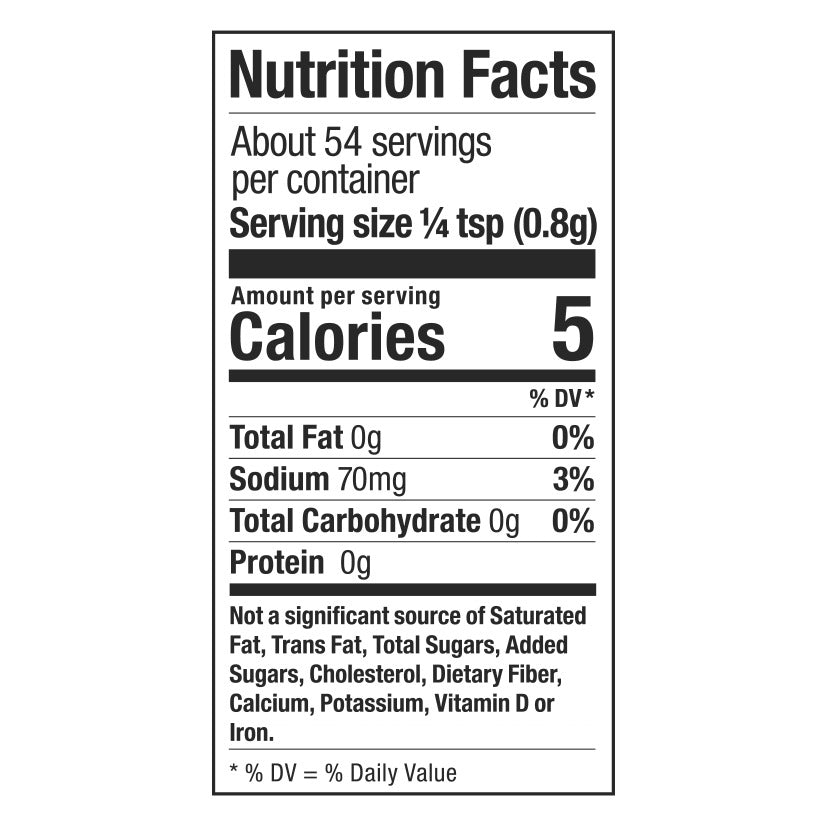 Nutrition Facts panel for Urban Accents Sesame Garlic Veggie Roaster: about 54 servings of 1/4 tsp (0.8 g), 5 calories per serving
