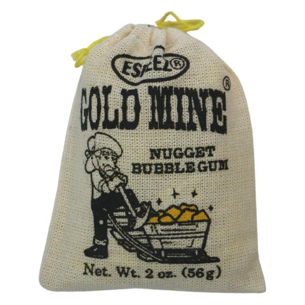One Espeez Gold Mine Nugget Bubble Gum cloth pouch, Net Wt. 2 oz (56g), printed with a miner pushing a cart of gold nuggets, tied with yellow string