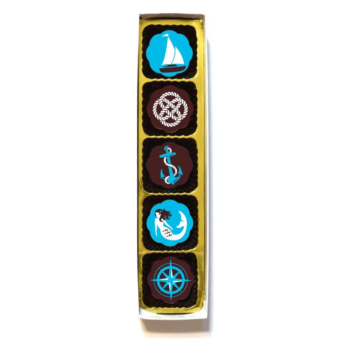 Chouquette Nautical box of 5 in a gold tray: sailboat, rope knot, anchor, mermaid and compass rose chocolates
