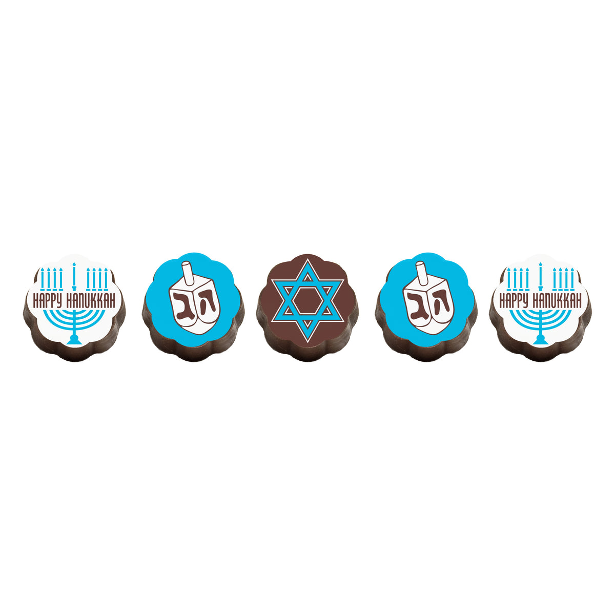 Side view of five Chouquette Hanukkah chocolate caramels in a row: menorah, dreidel, Star of David, dreidel, menorah