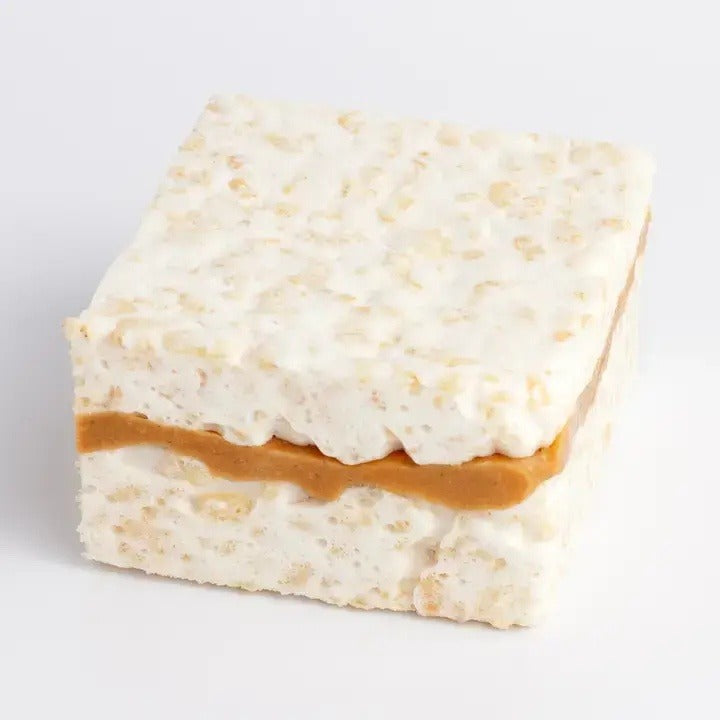 Peanut Butter Fluff Crispycake, a second view of the peanut butter layer between crispy rice and marshmallow