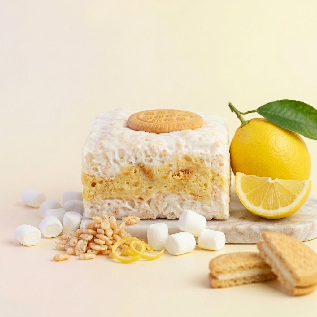 Lemon Cookies & Cream Crispycake with a halved lemon, marshmallows, crispy rice and lemon sandwich cookies
