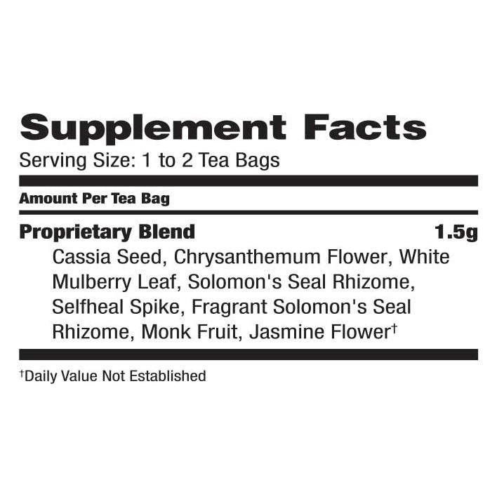 Supplement Facts panel for Bravo Healthy Eyes tea: 1.5 g per tea bag of cassia seed, chrysanthemum flower, white mulberry leaf and other herbs