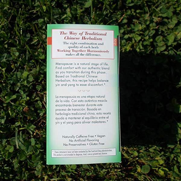 Side panel of the Menopause Comfort box with English and Spanish text under the heading The Way of Traditional Chinese Herbalism