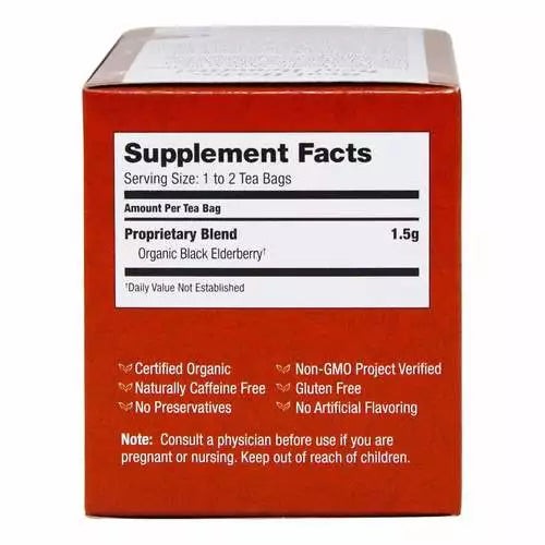 Back panel of the Bravo Tea Organic Absolute Elderberry box showing Supplement Facts (organic black elderberry, 1.5 g per bag) and the certified organic, gluten free and caffeine free statements