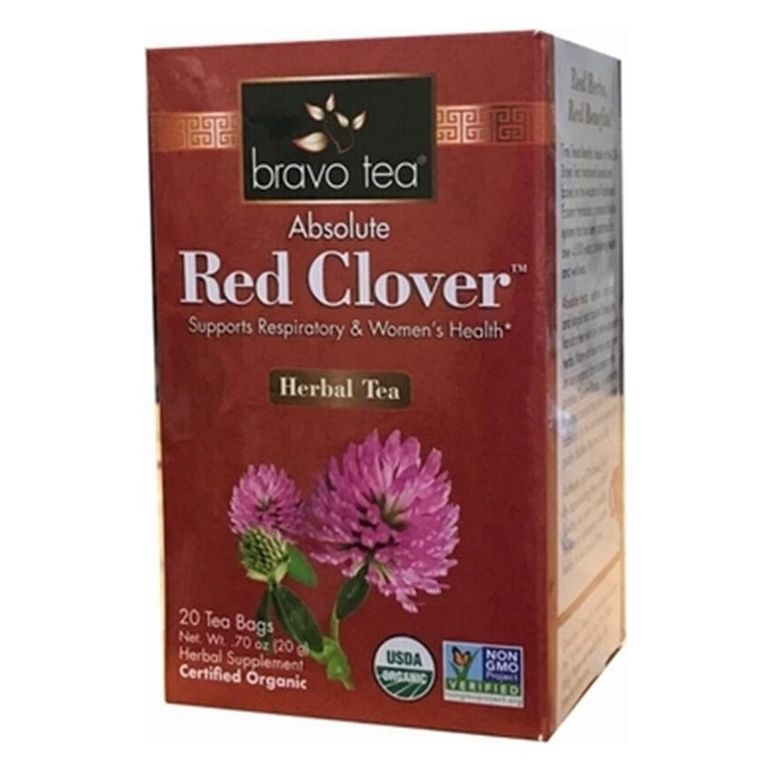 Bravo Tea Absolute Red Clover herbal tea box shown at an angle with its right side panel visible