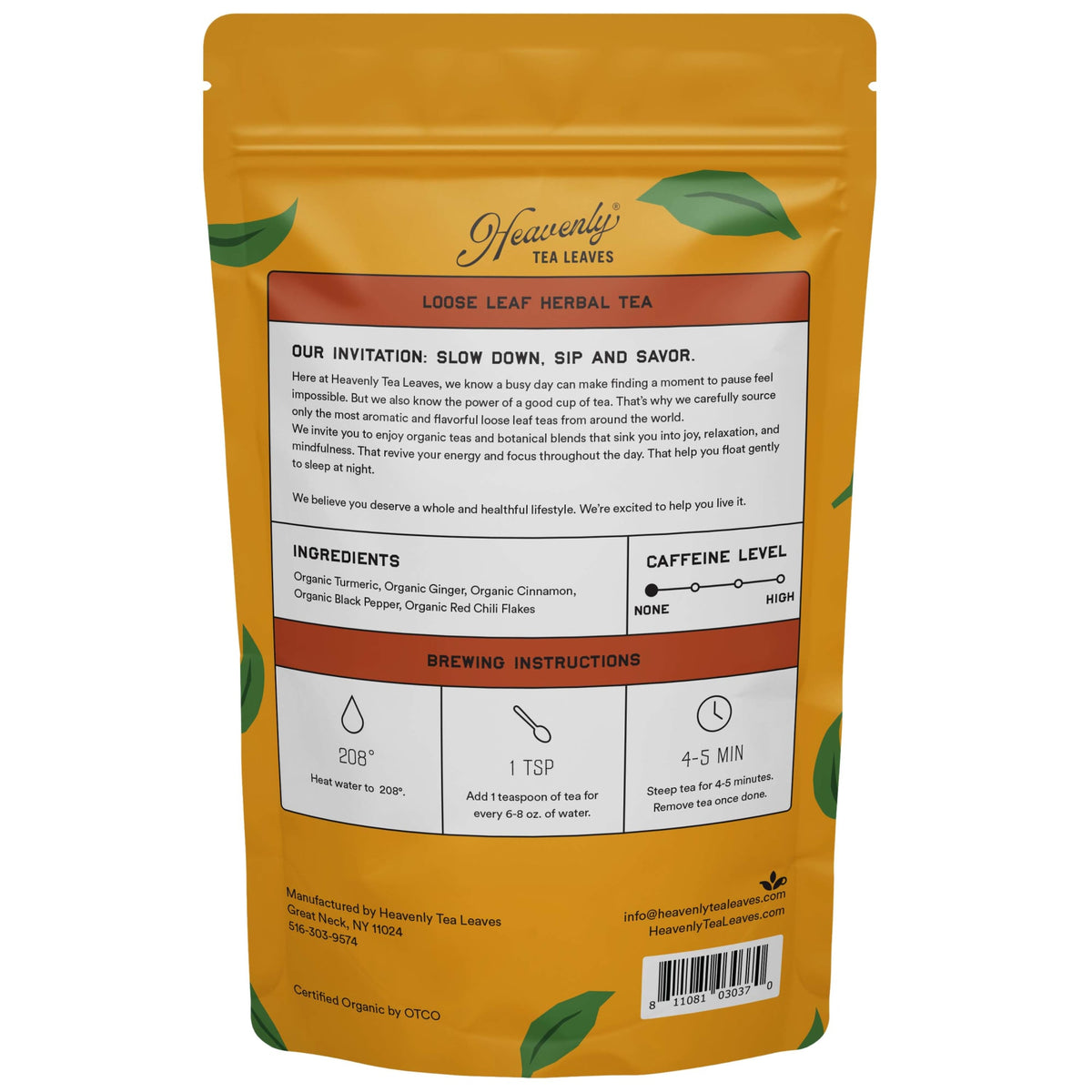 Heavenly Tea Leaves Organic Turmeric Chili Chai, Bulk Loose Leaf Herbal Tea, 1 lb. HNH510-16