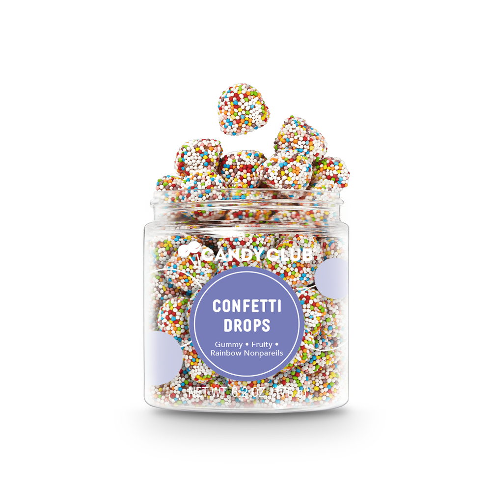 Candy Club Confetti Drops gummy candy coated in rainbow nonpareils in a 6.2 oz cup