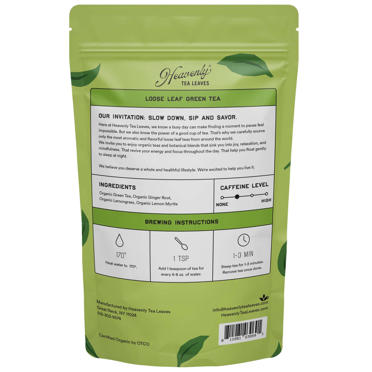 Heavenly Tea Leaves Organic Ginger Lemon Green, Bulk Loose Leaf Green Tea, 1 lb HCG350-16