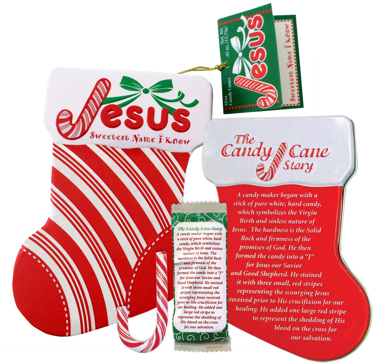 Scripture Candy Jesus Candy Cane Stocking Ornament Tin