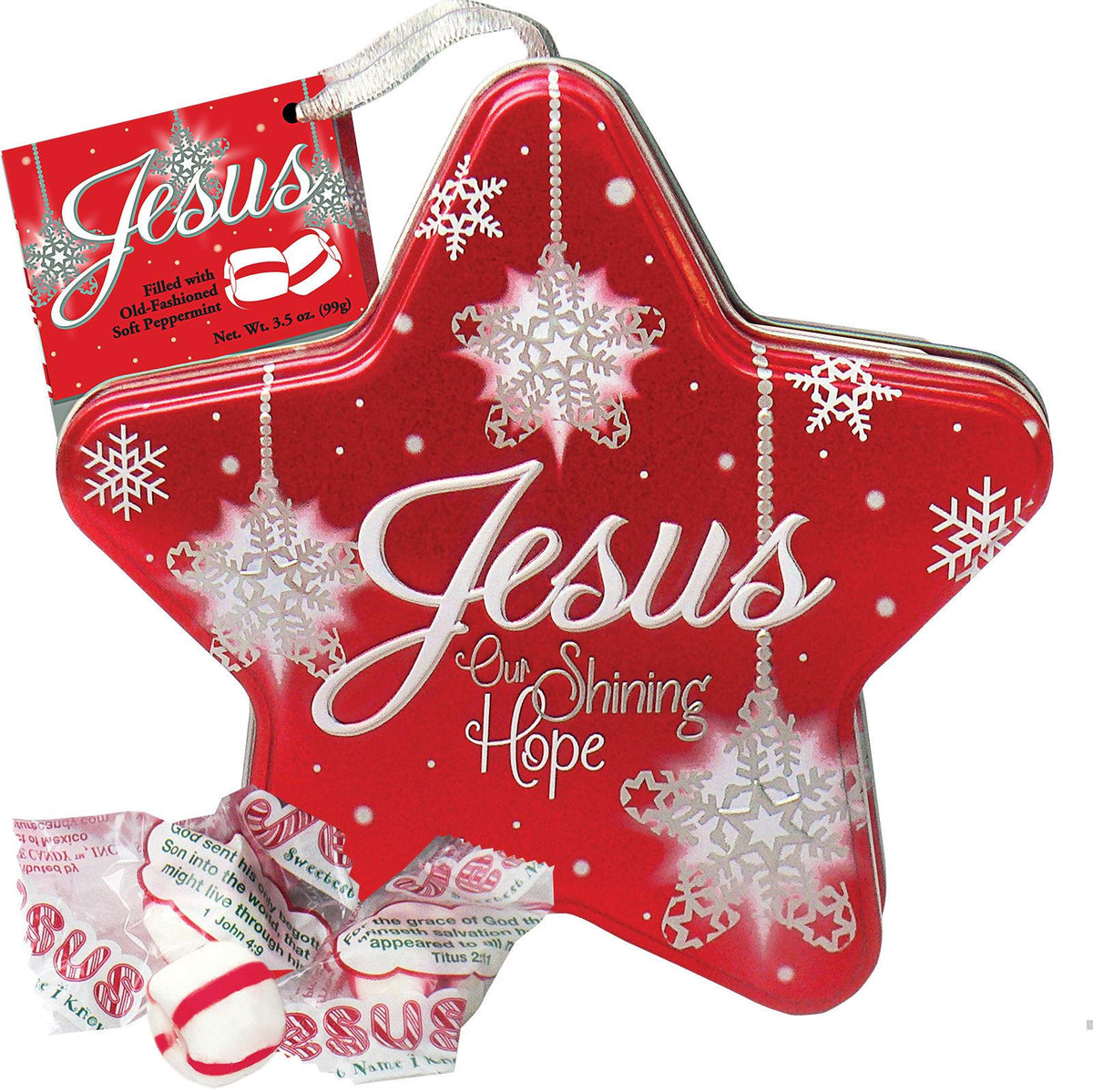 Scripture Candy Jesus Our Shining Hope Red Ornament Star Tin With Old-Fashioned Soft P