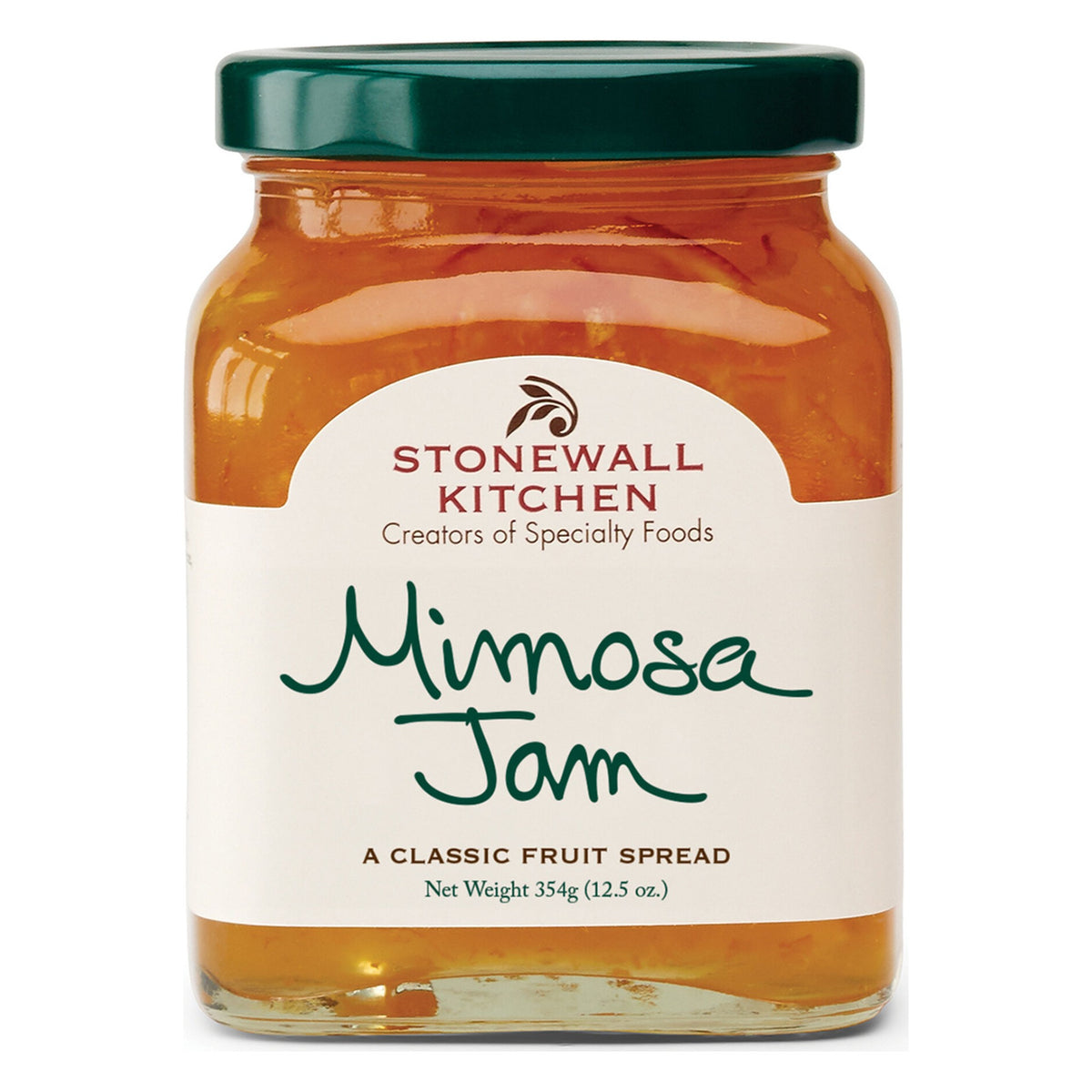 Stonewall Kitchen Mimosa Jam 12.5 oz glass jar with green lid, current label reading A Classic Fruit Spread