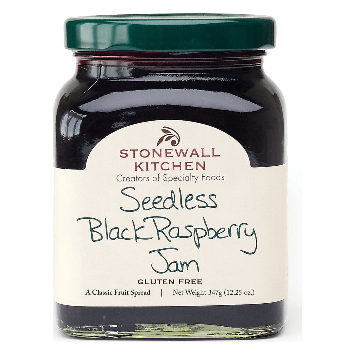 Front of a Stonewall Kitchen Seedless Black Raspberry Jam jar in the current label, 12.25 oz, with a green lid