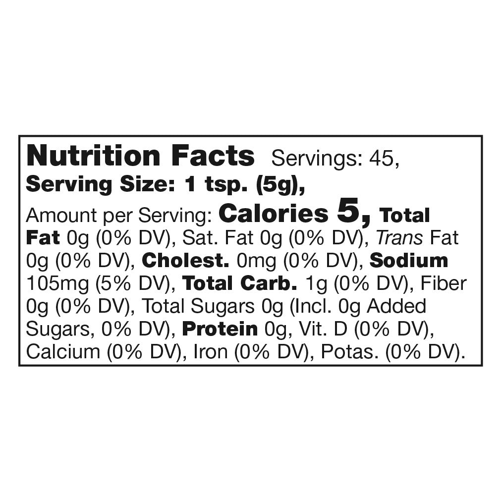 Nutrition Facts for Stonewall Kitchen Horseradish Mustard: 1 tsp (5 g) serving, 5 calories, 105 mg sodium, about 45 servings