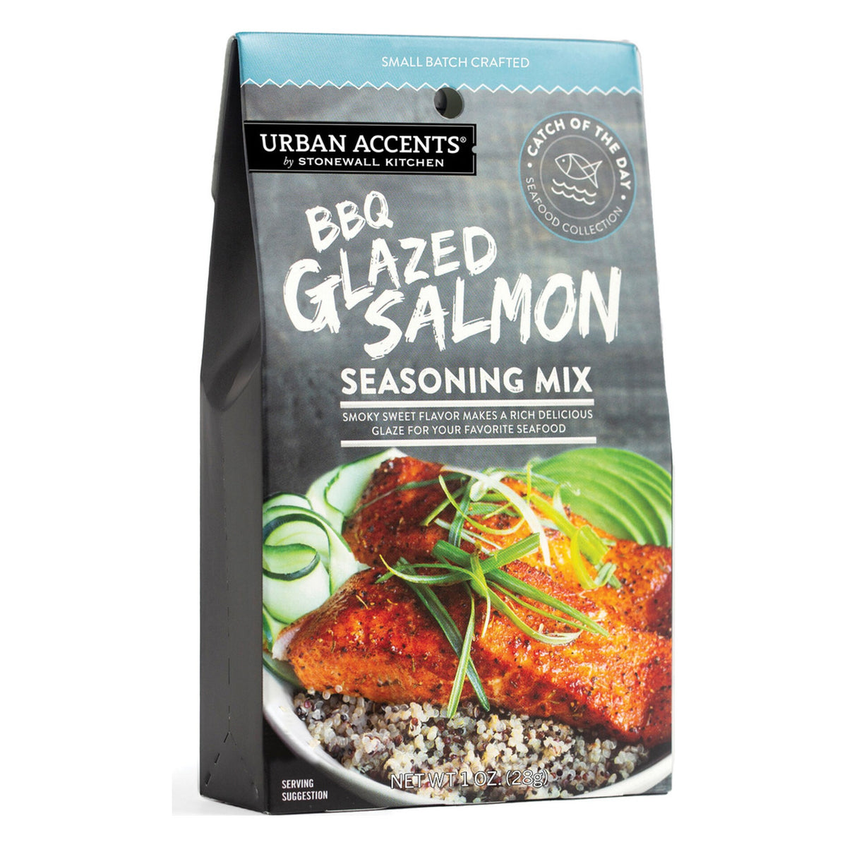 Front of the current Urban Accents BBQ Glazed Salmon Seasoning Mix carton, 1 oz, with a photo of glazed salmon over quinoa