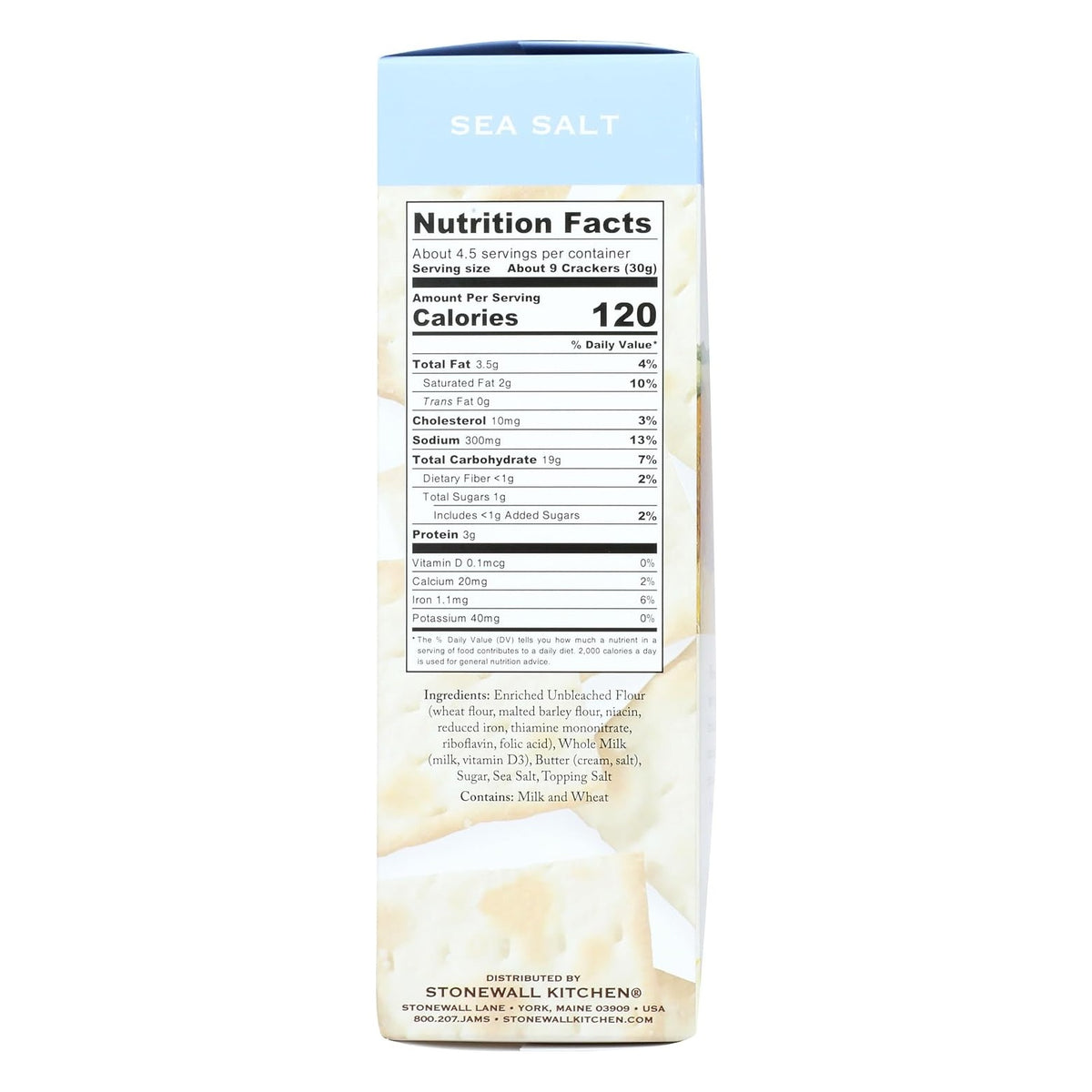 Side panel of the Stonewall Kitchen Sea Salt Crackers box showing the Nutrition Facts, ingredient list and milk and wheat allergen statement