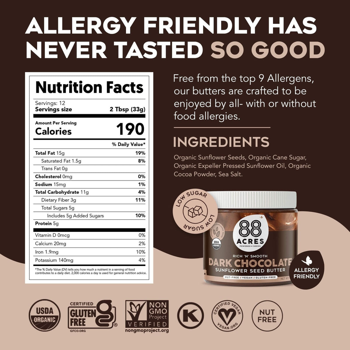 Nutrition facts and ingredient panel for 88 Acres Dark Chocolate Sunflower Seed Butter