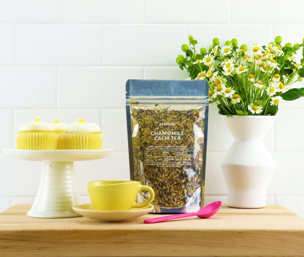 Bespoke Provisions Chamomile Calm Herbal Tea, Loose Leaf styled on a table
