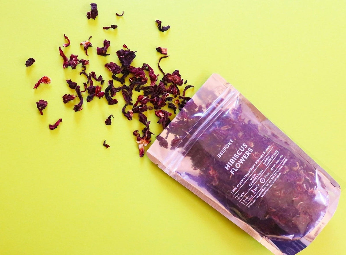 Bespoke Provisions Hibiscus Flower Tea, Loose Leaf styled on a table