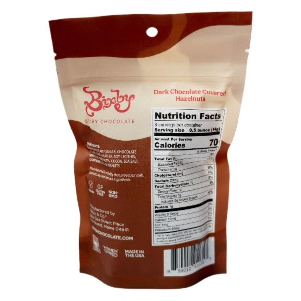 Back of the Bixby Chocolate Panned Chocolate Nuts package, with ingredients and brewing instructions