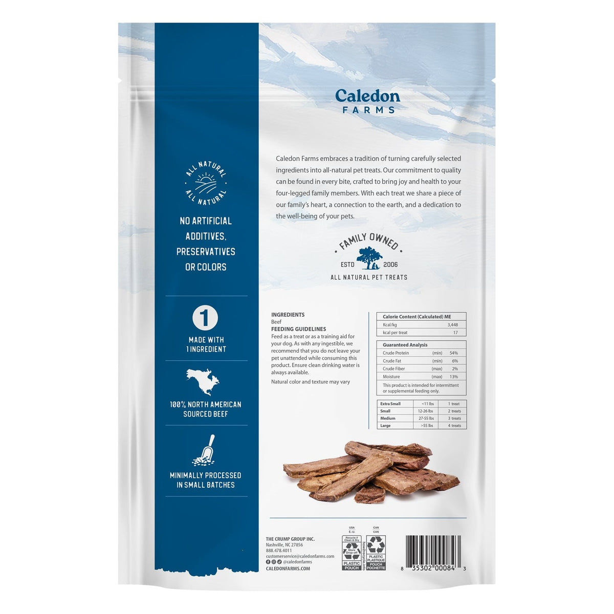 Back of the Caledon Farms Beef Tendersticks Dog Treats package, with ingredients and brewing instructions