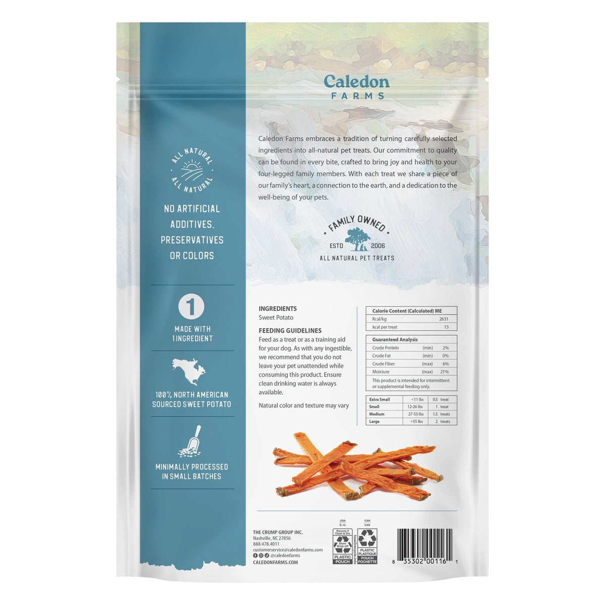 Back of the Caledon Farms Sweet Potato Fries Dog Treats package, with ingredients and brewing instructions