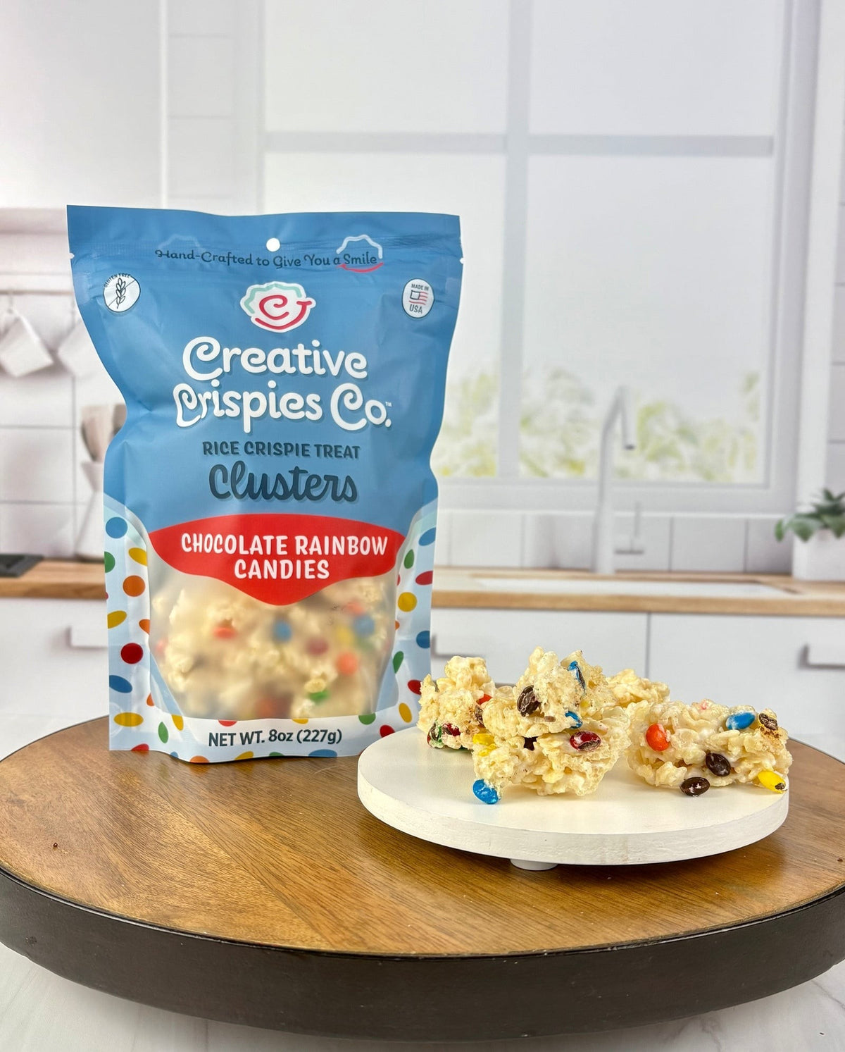 Creative Crispies Co. Chocolate Rainbow Candies Crispie Clusters, front of the package