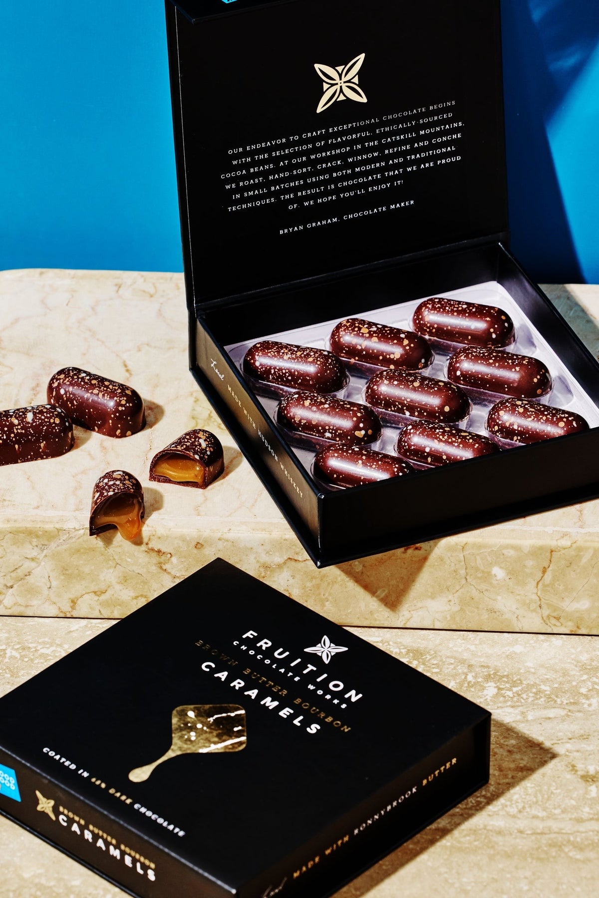 Fruition Chocolate Works Brown Butter Bourbon Caramels styled on a table
