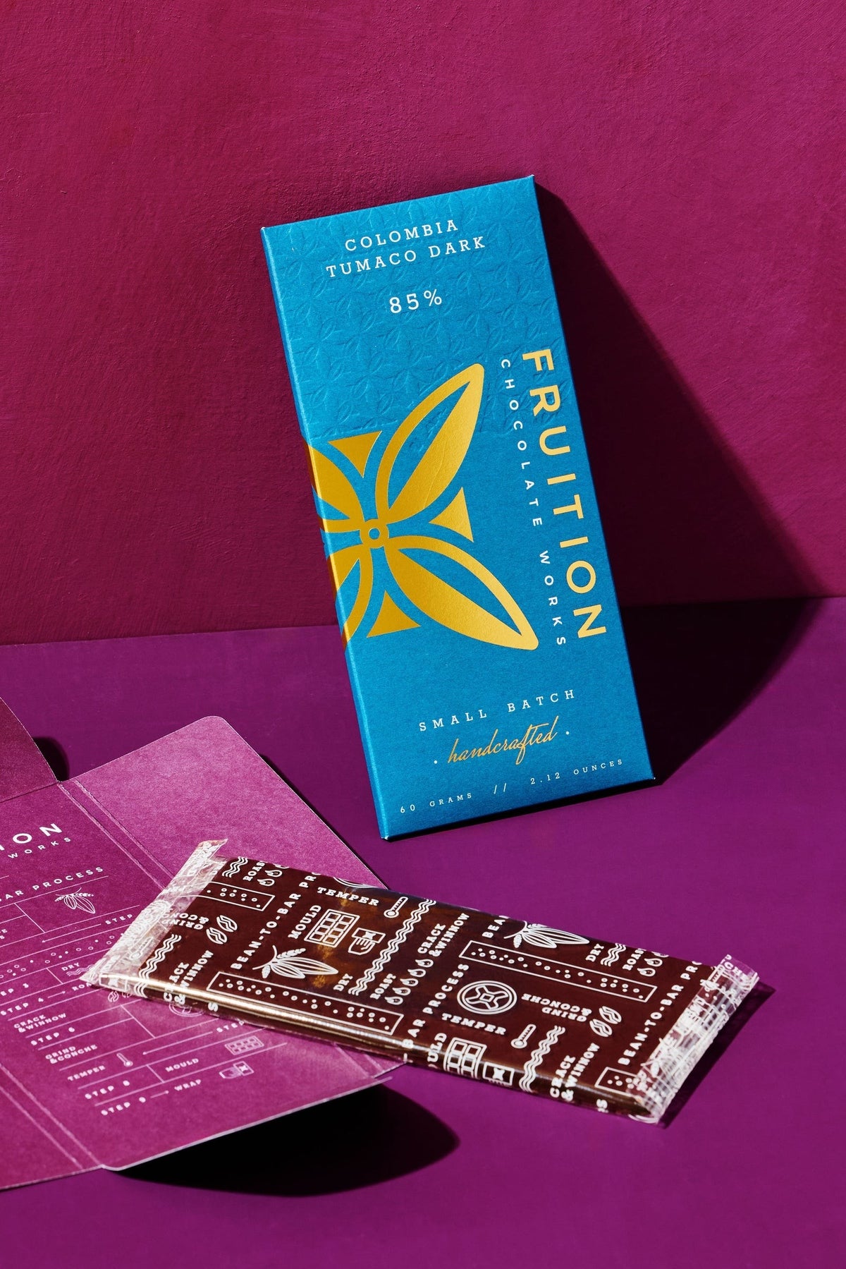 Fruition Chocolate Works Colombia Tumaco 85% Dark Bar styled on a table