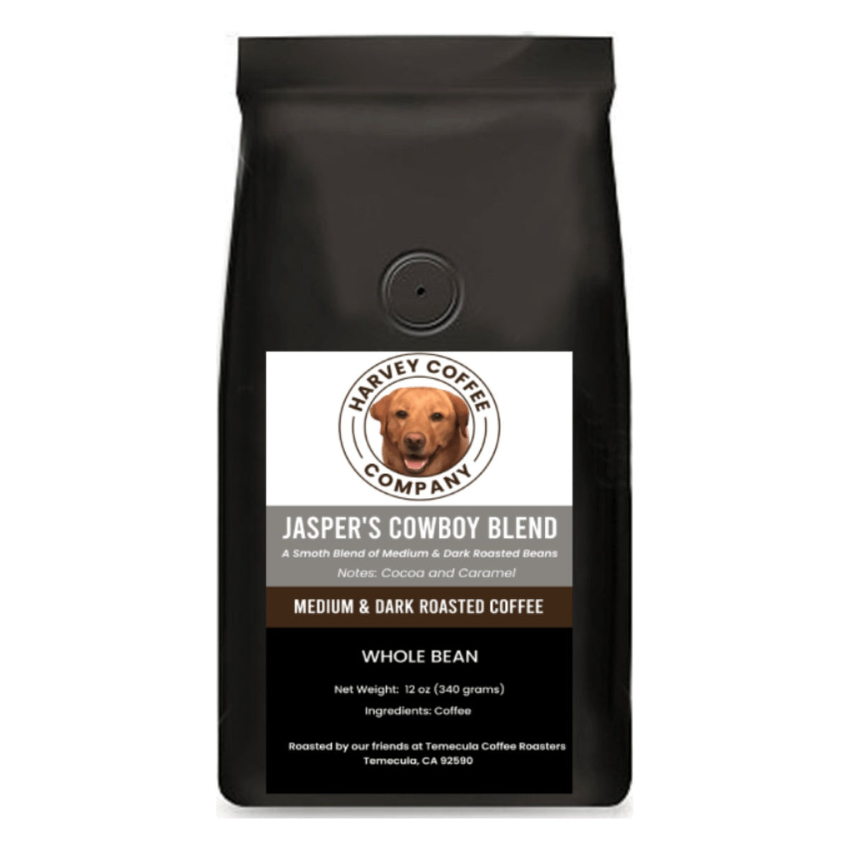 Harvey Coffee Company Jasper's Cowboy Blend Whole Bean Coffee, front of the package
