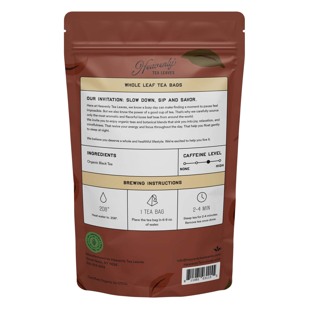 Back of the Heavenly Tea Leaves Organic English Breakfast Tea package, with ingredients and brewing instructions