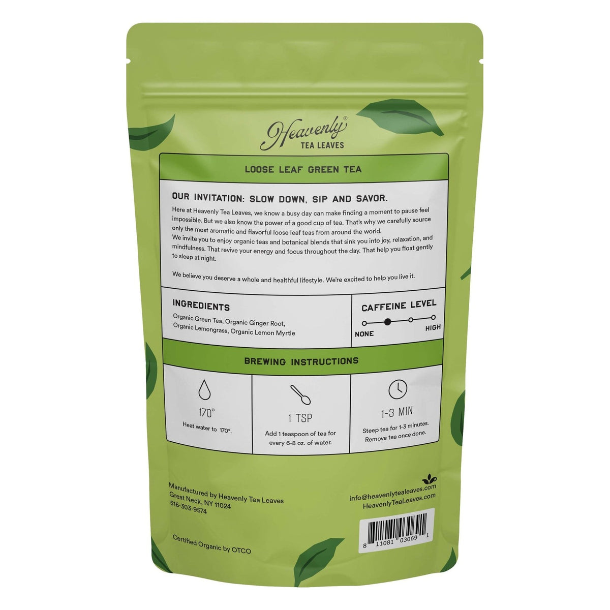 Back of the Heavenly Tea Leaves Organic Ginger Lemon Green Tea, Loose Leaf package, with ingredients and brewing instructions